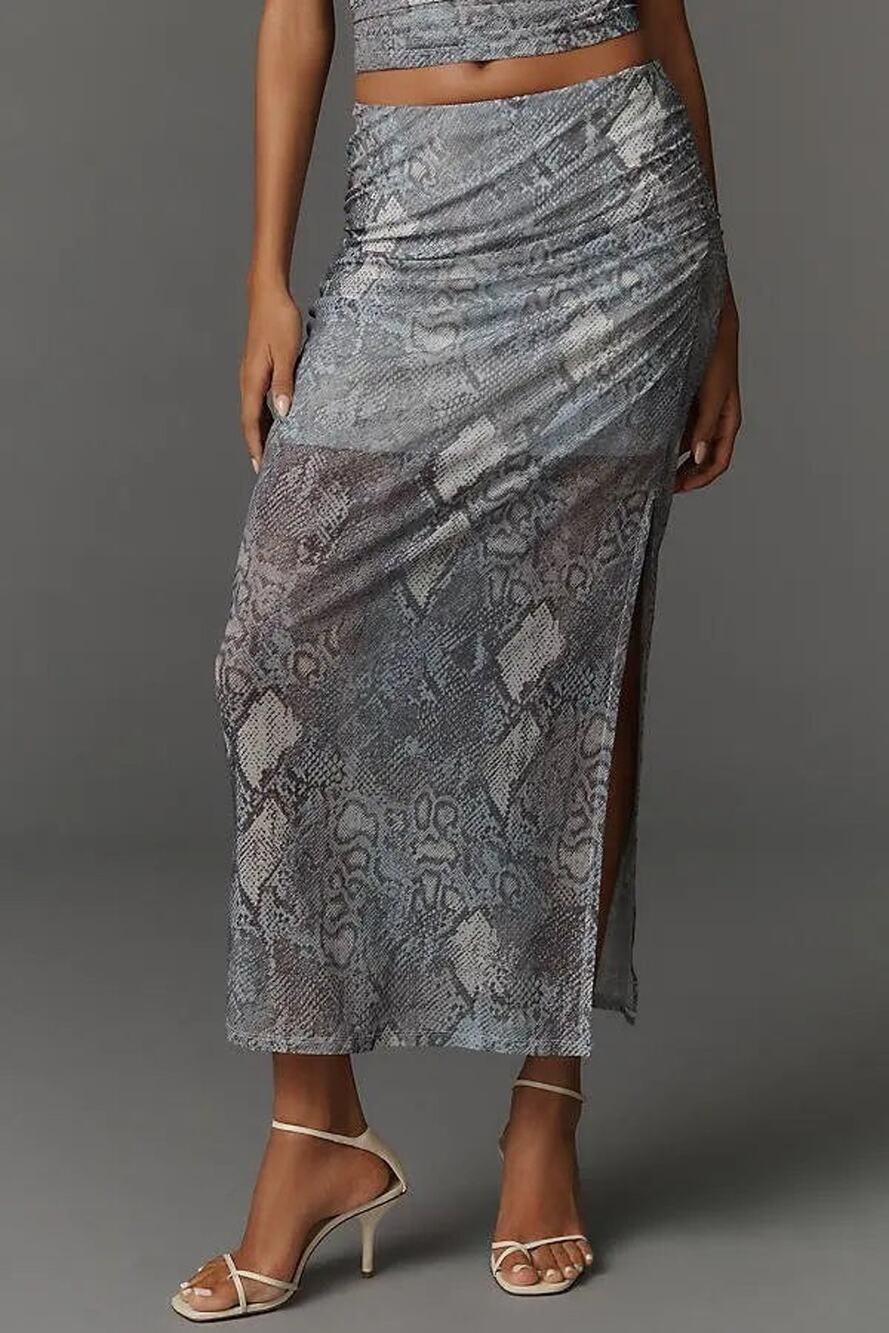 Maeve Anthropologie Aleda Mesh Ruched Maxi Skirt XS Blue Snakeskin Side Slit